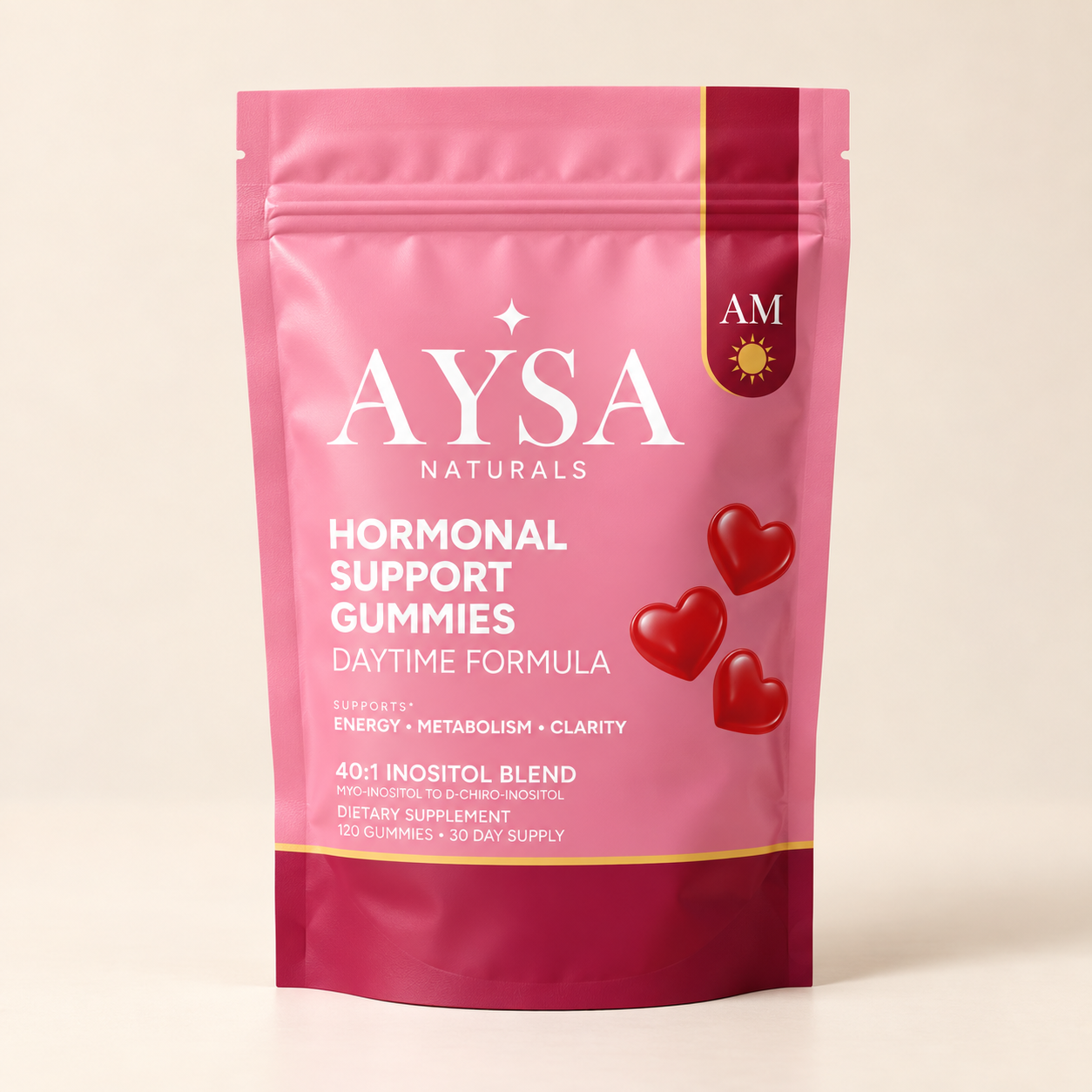 AYSA AM daytime formula pouch on a warm cream studio background