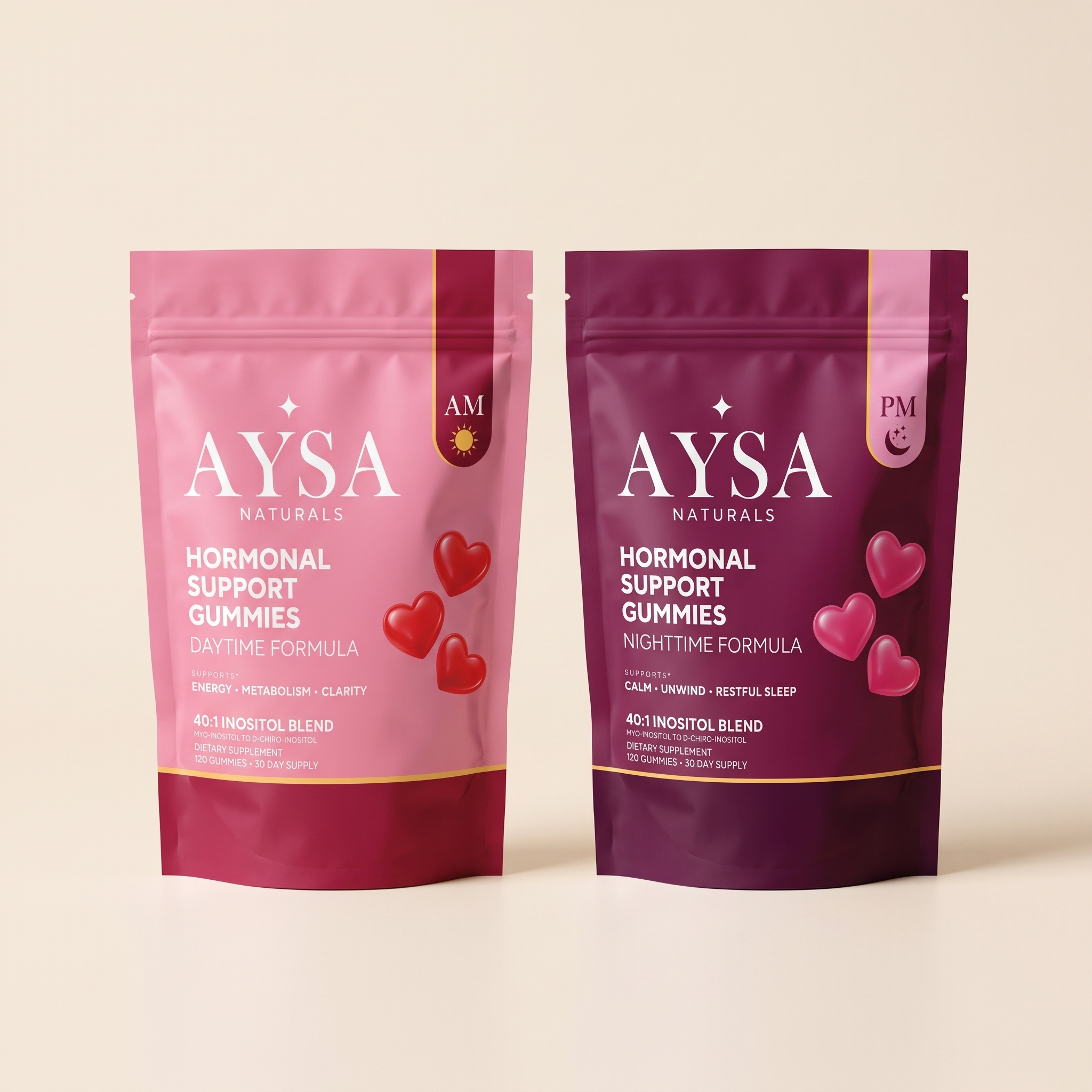 AYSA AM and PM stand-up pouches presented together