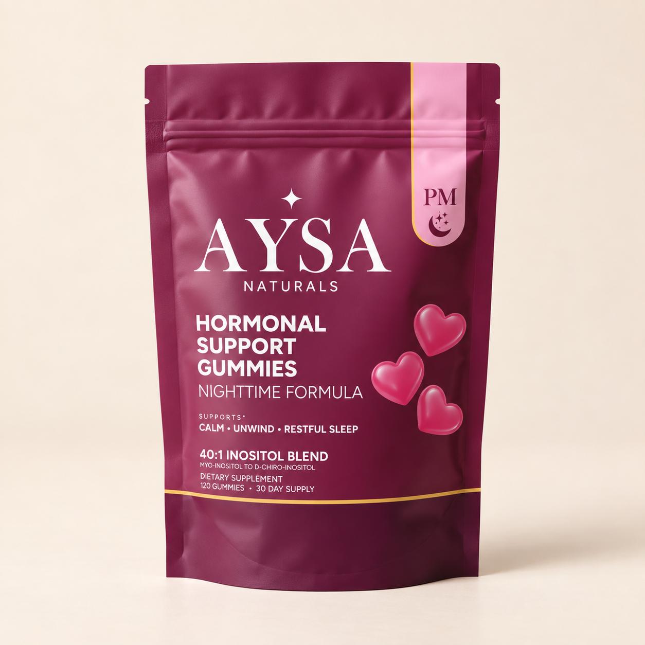 AYSA PM nighttime formula pouch on a warm cream studio background